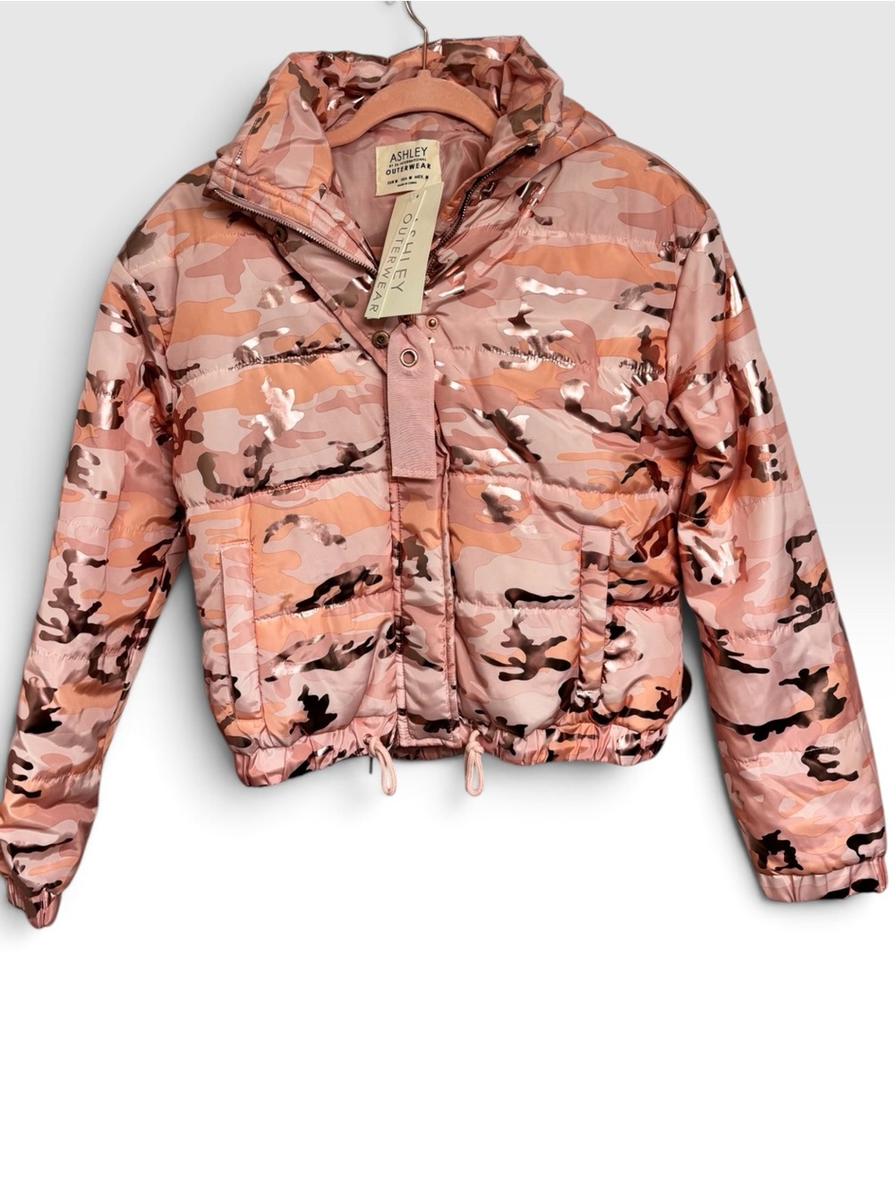 NWT Ashley Outerwear Rose Gold Metallic Camo Puffer Jacket Size M - Picture 2 of 4